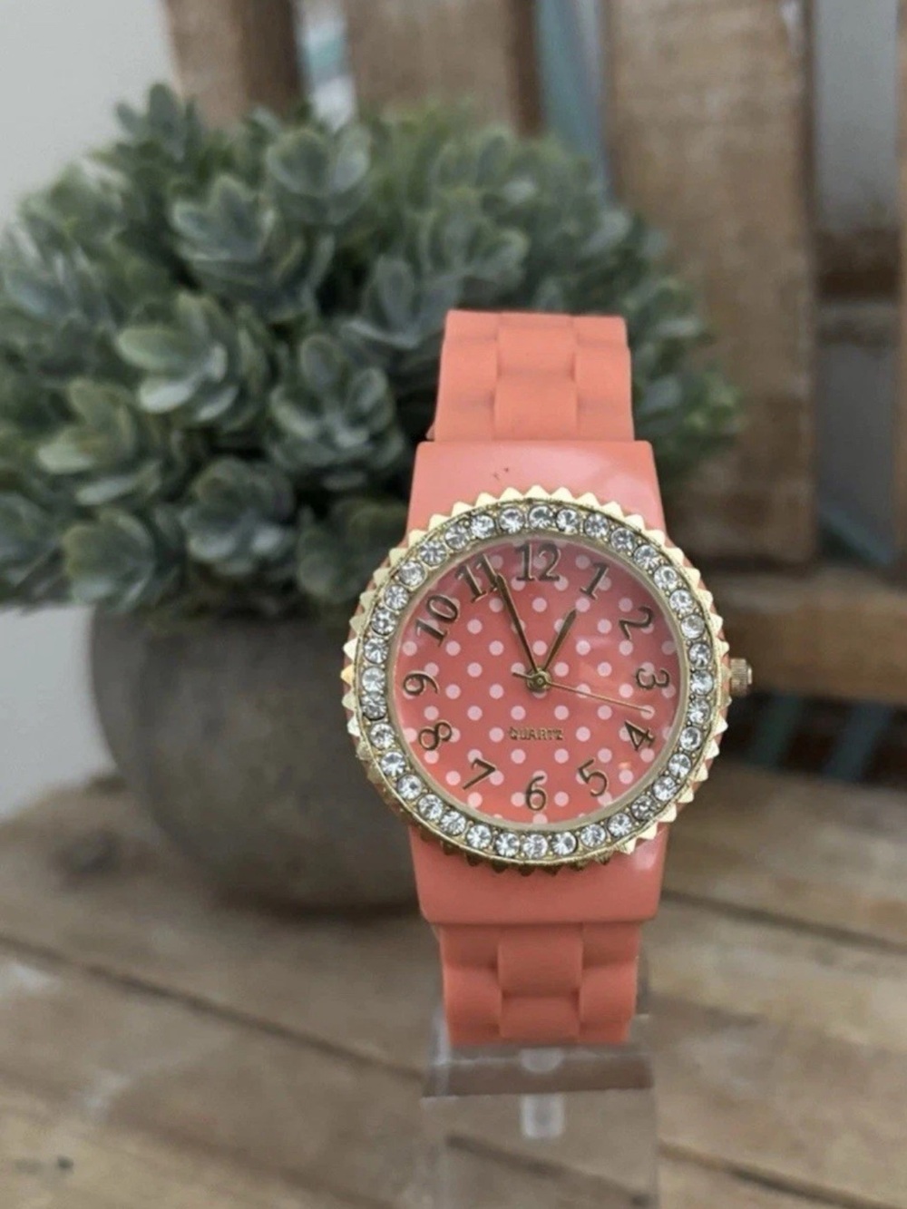 Women’s Coral Polka Dot Crystal Hinged Cuff Bracelet Watch NEW!